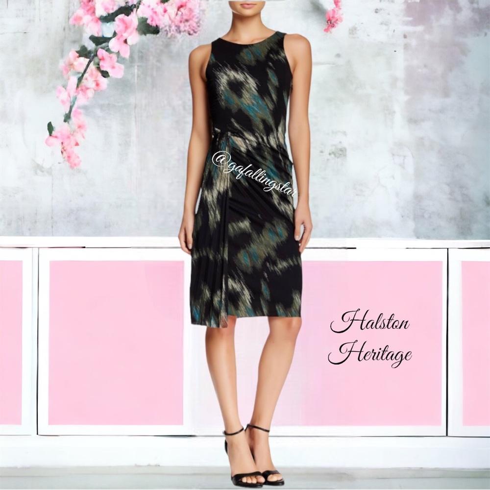 HALSTON Heritage Dark Ocean Sleeveless Pleated Dress - Picture 3 of 10